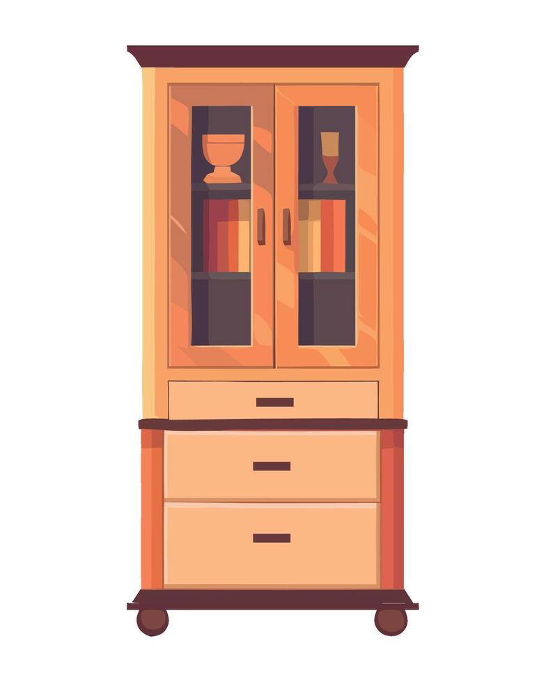 A wooden cabinet with glass doors and drawers vector