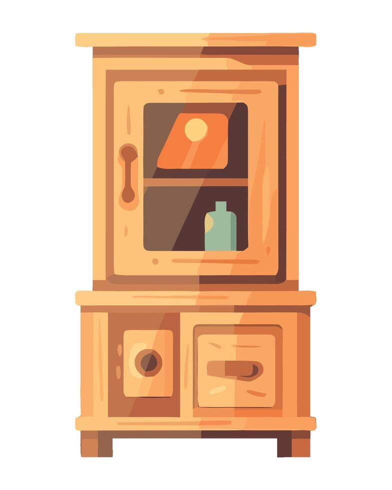 Wooden cabinet with shelves and a bottle of wine illustration vector
