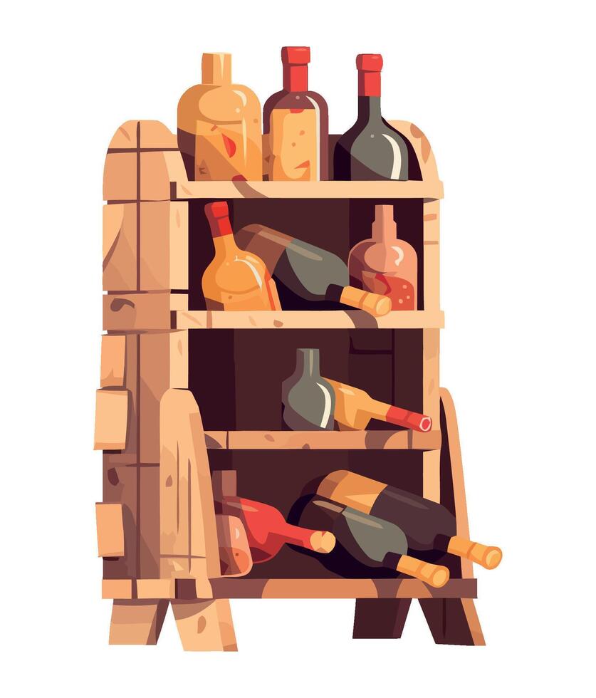 Wine bottles and bottles on wooden shelf vector