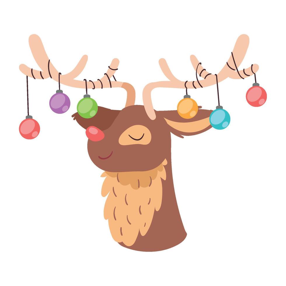 A cartoon deer with christmas balls hanging from its horns vector