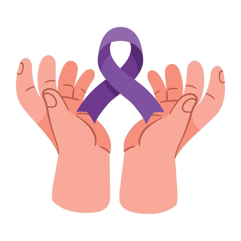 Two hands holding a purple ribbon vector