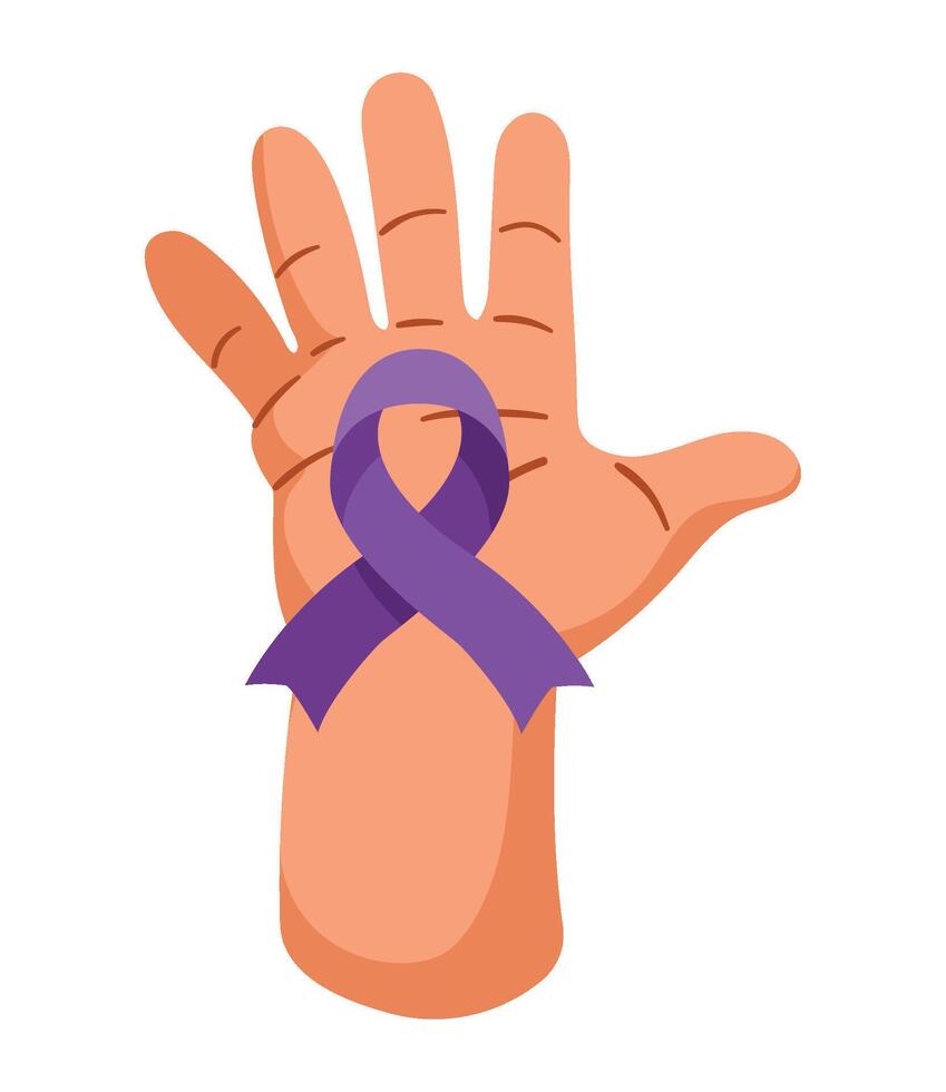 Hand with purple ribbon on it, symbol of awareness vector