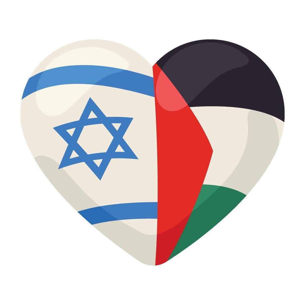 Israeli flag and palestine flag in heart shape, flat design illustration vector