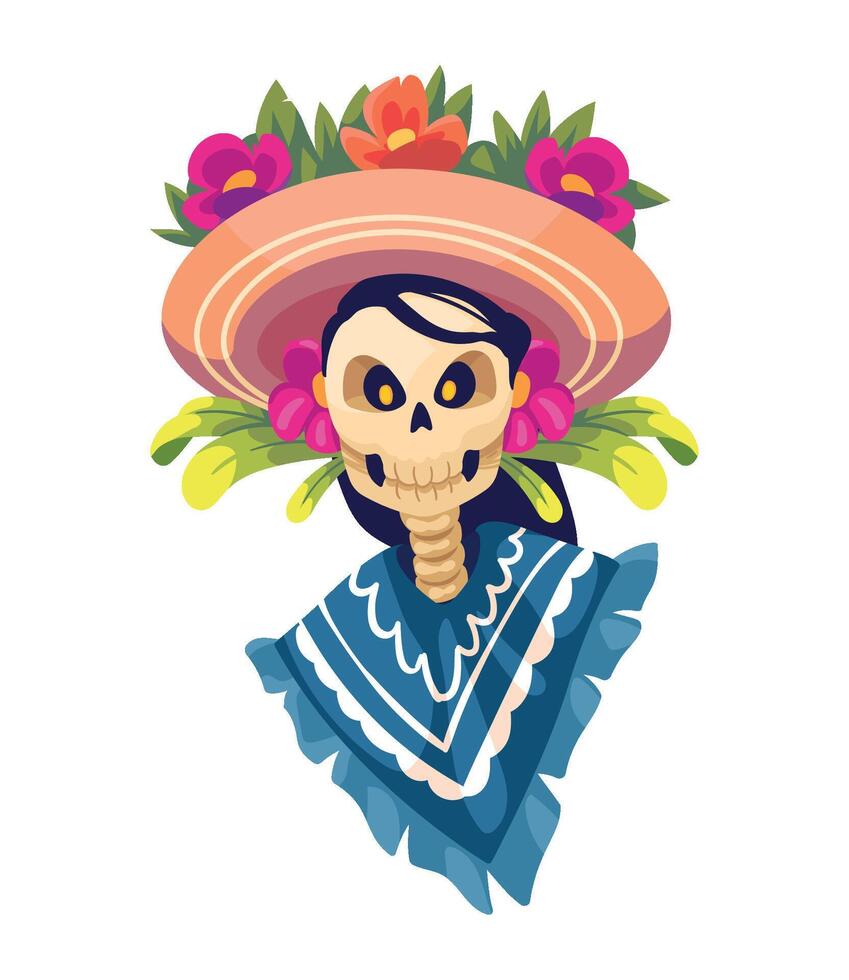 A skeleton wearing a mexican hat and a flower in her hair vector