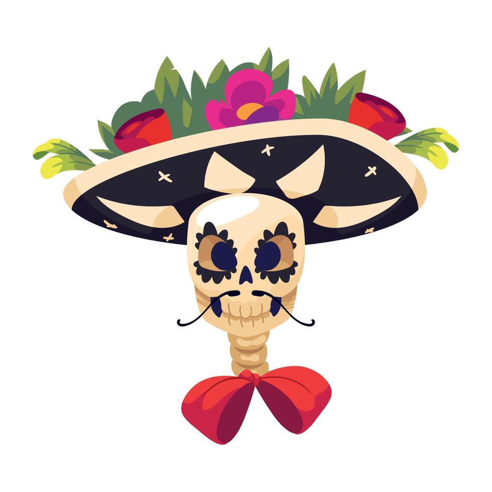 Mexican skull with hat and mustache illustration vector