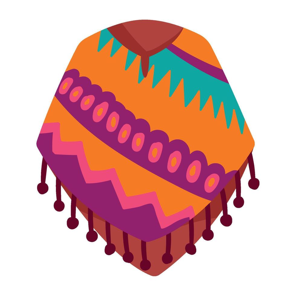 Colorful mexican poncho with fringe on white background vector