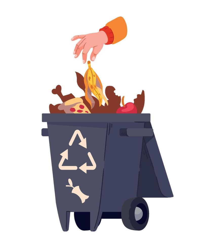 A hand throwing food into a garbage bin vector