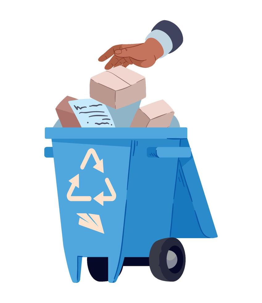 Hand throwing trash into blue recycling bin vector