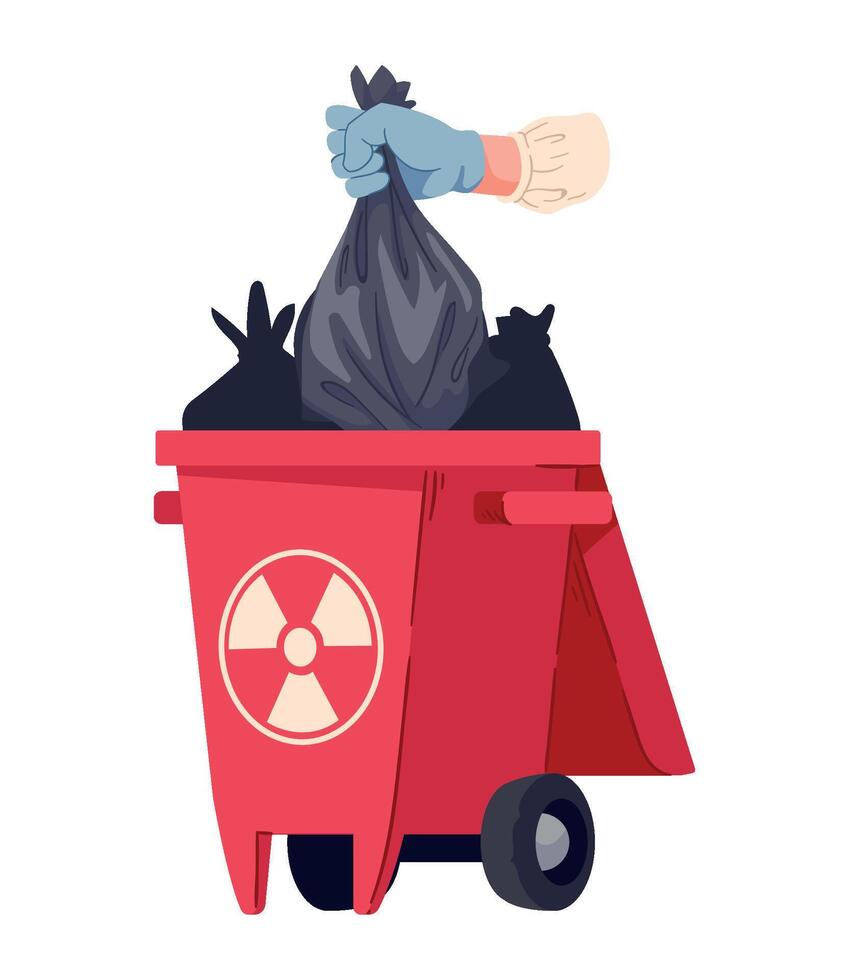 A person in gloves is throwing a bag into a trash can vector