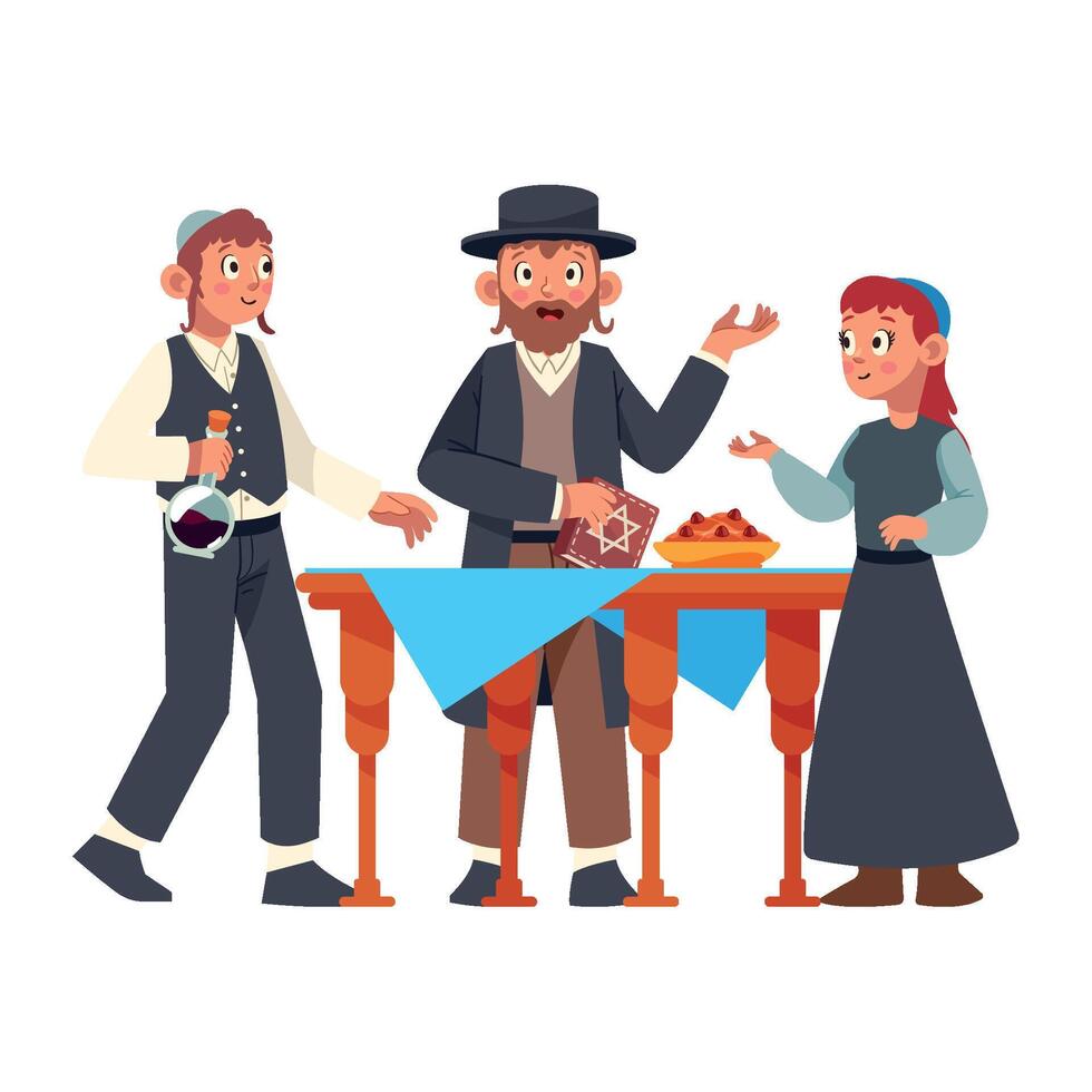 Jewish people at the table with food and drink vector