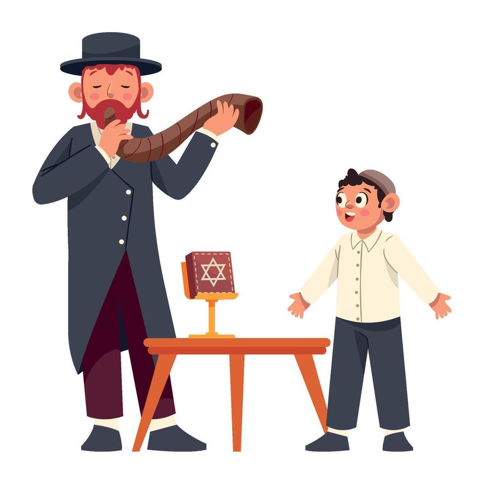A man and boy standing next to a table with a shofar vector