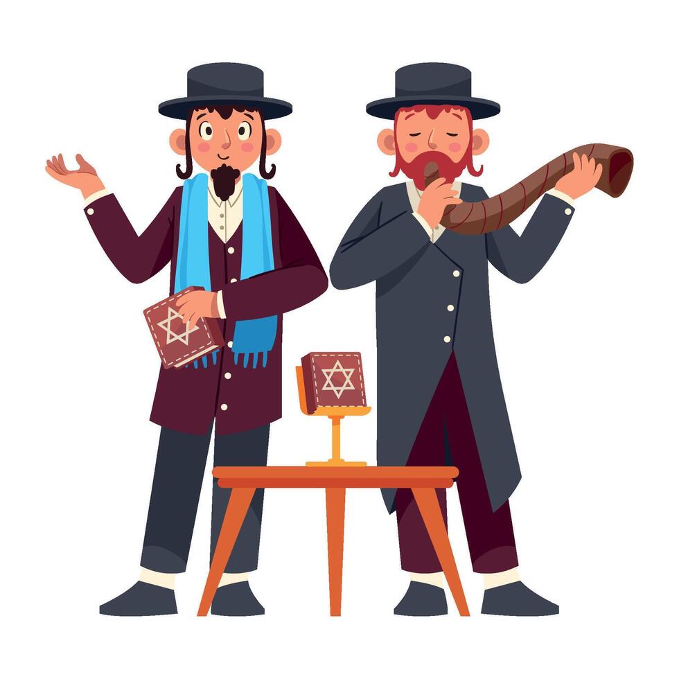 Two jewish men with shofar blowing horns vector