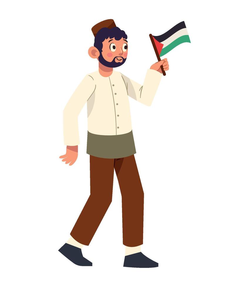 Palestinian man holding palestine flag, cartoon character illustration vector