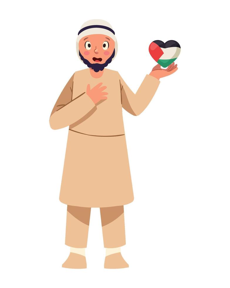 Arab man holding heart in his hand, cartoon character, flat illustration vector
