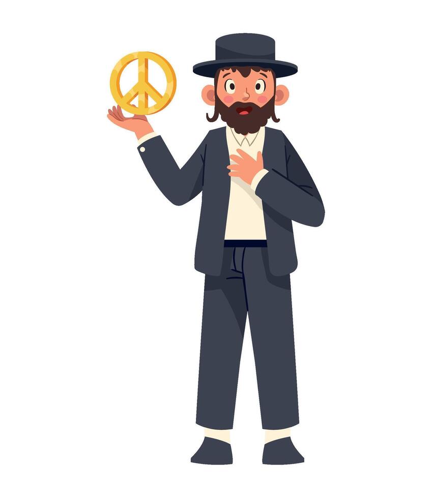 Jewish man holding peace sign, cartoon character illustration vector
