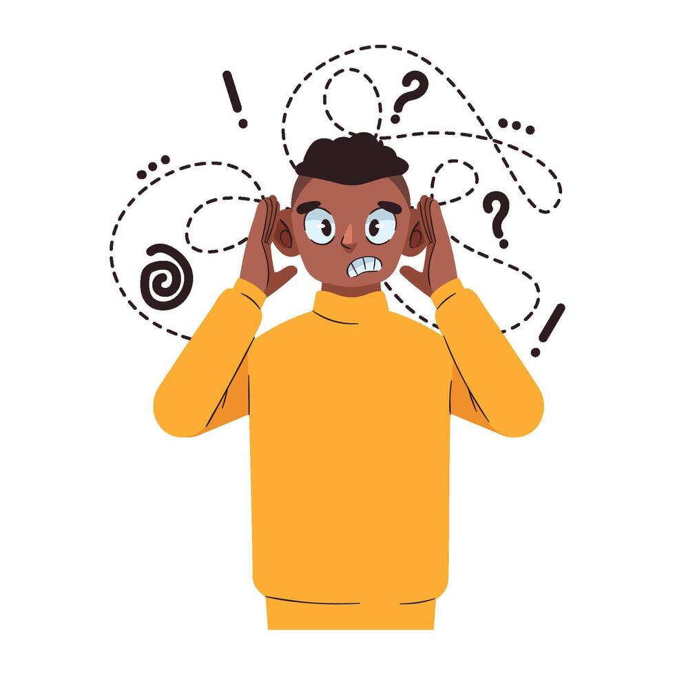 A man with a confused expression and a lot of question marks vector