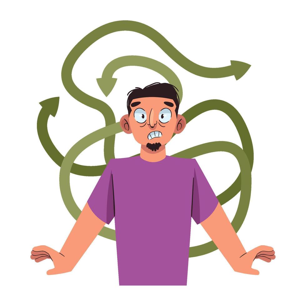 A man with a confused expression surrounded by arrows vector