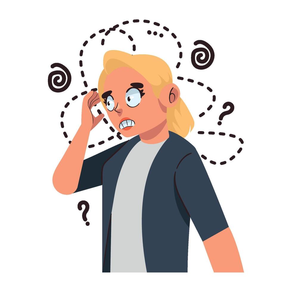 A cartoon woman talking on the phone with question marks around her vector