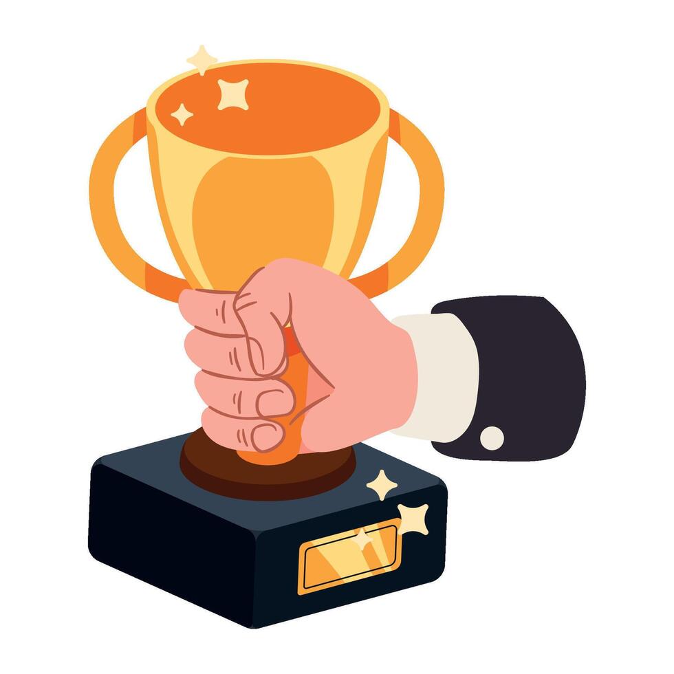 A hand holding a trophy cup on a white background vector