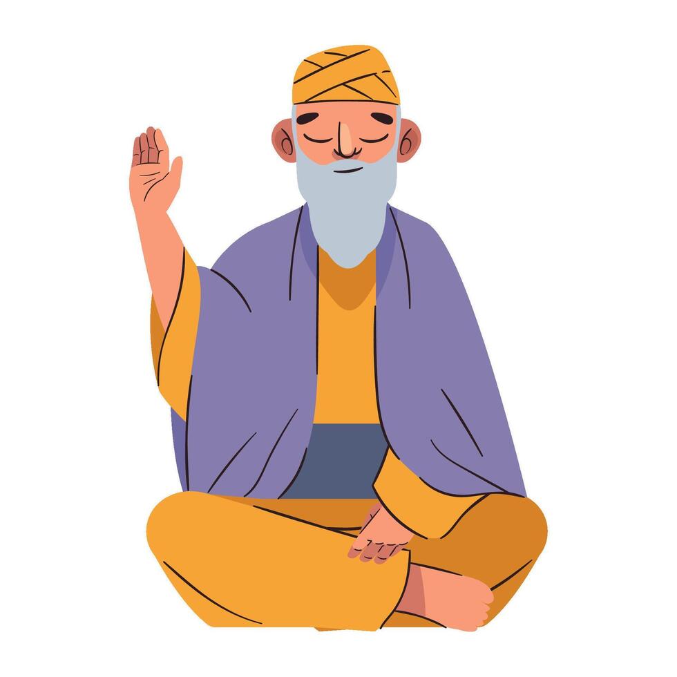 An old man sitting in a lotus position with his hands up vector