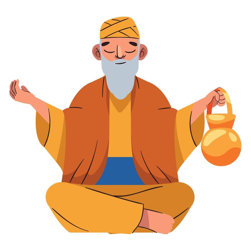 An old man sitting in meditation with a jug vector