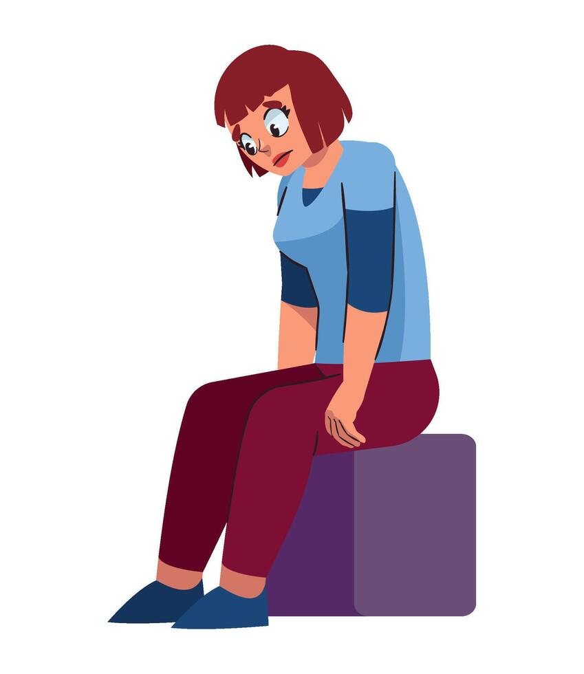 Sad woman sitting on a cube illustration vector