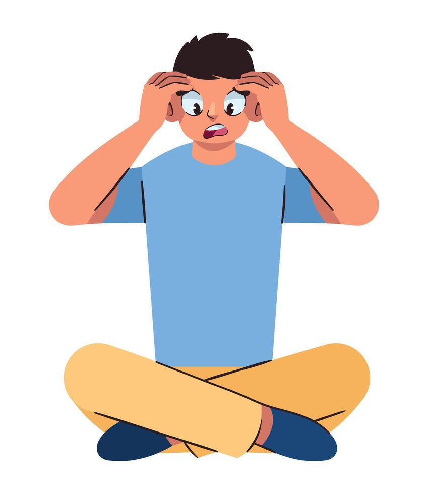 A man is sitting on the floor with his hands on his head vector