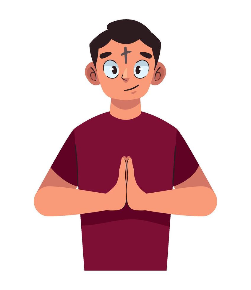 A man in a red shirt is doing a prayer gesture vector