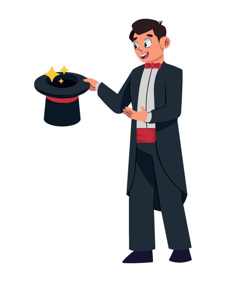 Magician with hat and magic wand, cartoon illustration vector