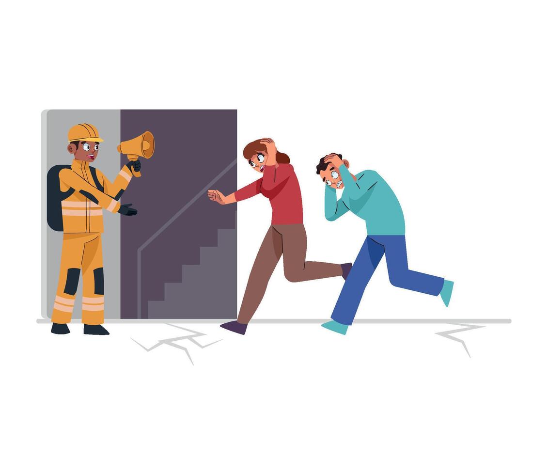 Fireman and woman running away from the fire, illustration vector