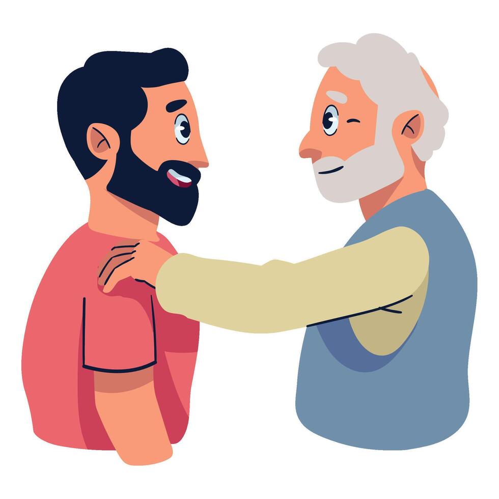 Two men are hugging each other, one is smiling vector
