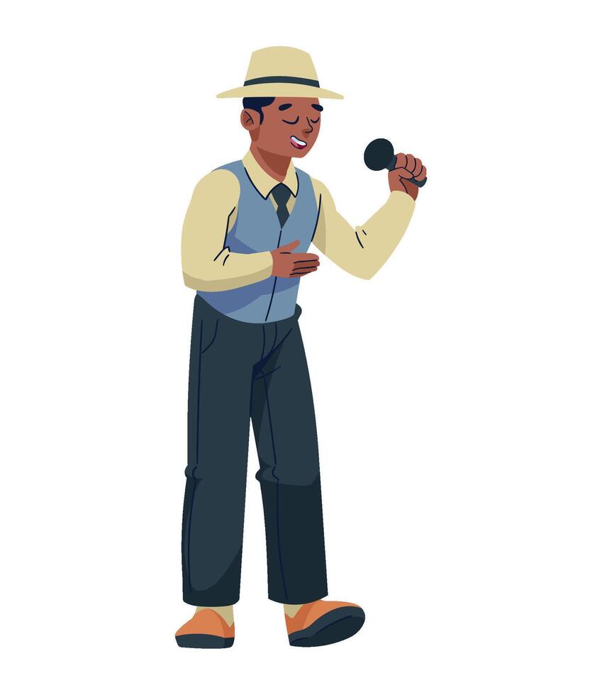 A cartoon man in a hat and vest holding a microphone vector