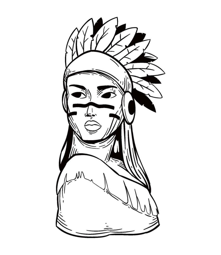 A drawing of an indian woman in a headdress vector