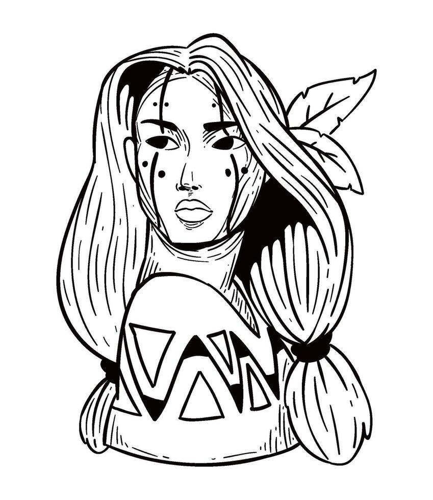 A drawing of a woman with long hair and feathers vector
