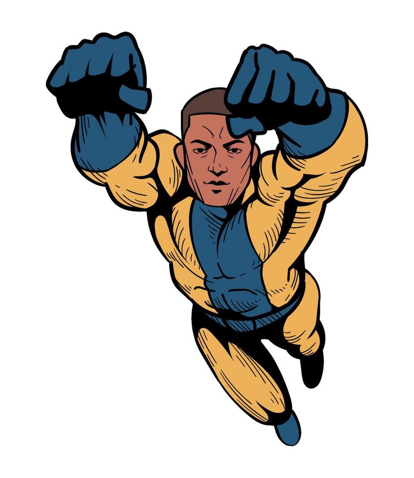 A superhero flying in the air with his fist up vector