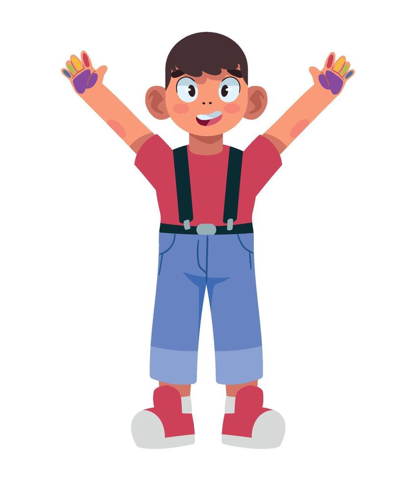 Boy with hands up in the air, cartoon character vector