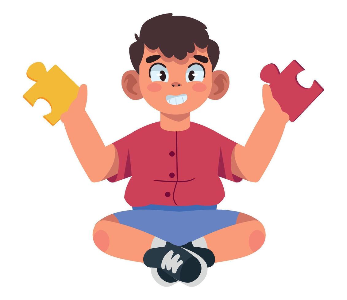 A boy is sitting on the floor holding two pieces of puzzle vector
