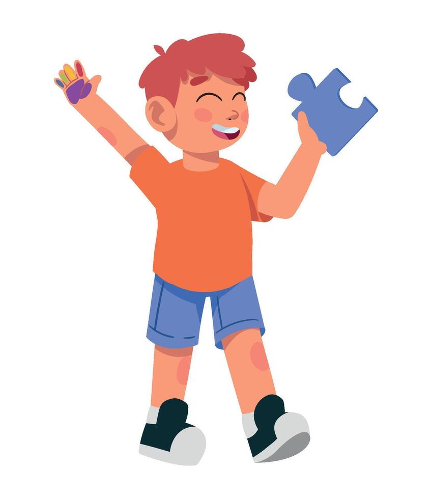 A boy holding a puzzle piece in his hand vector