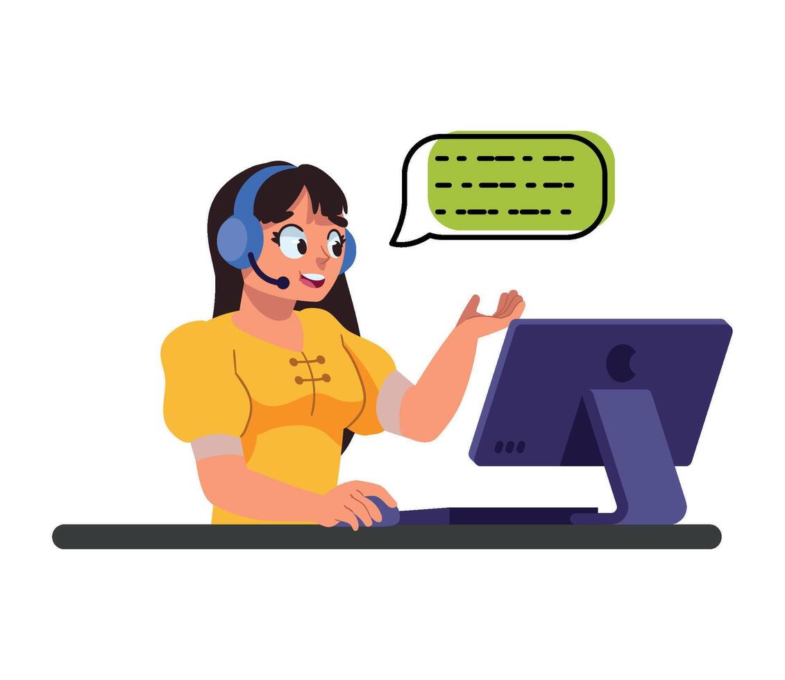 Call center agent with speech bubble on the screen vector