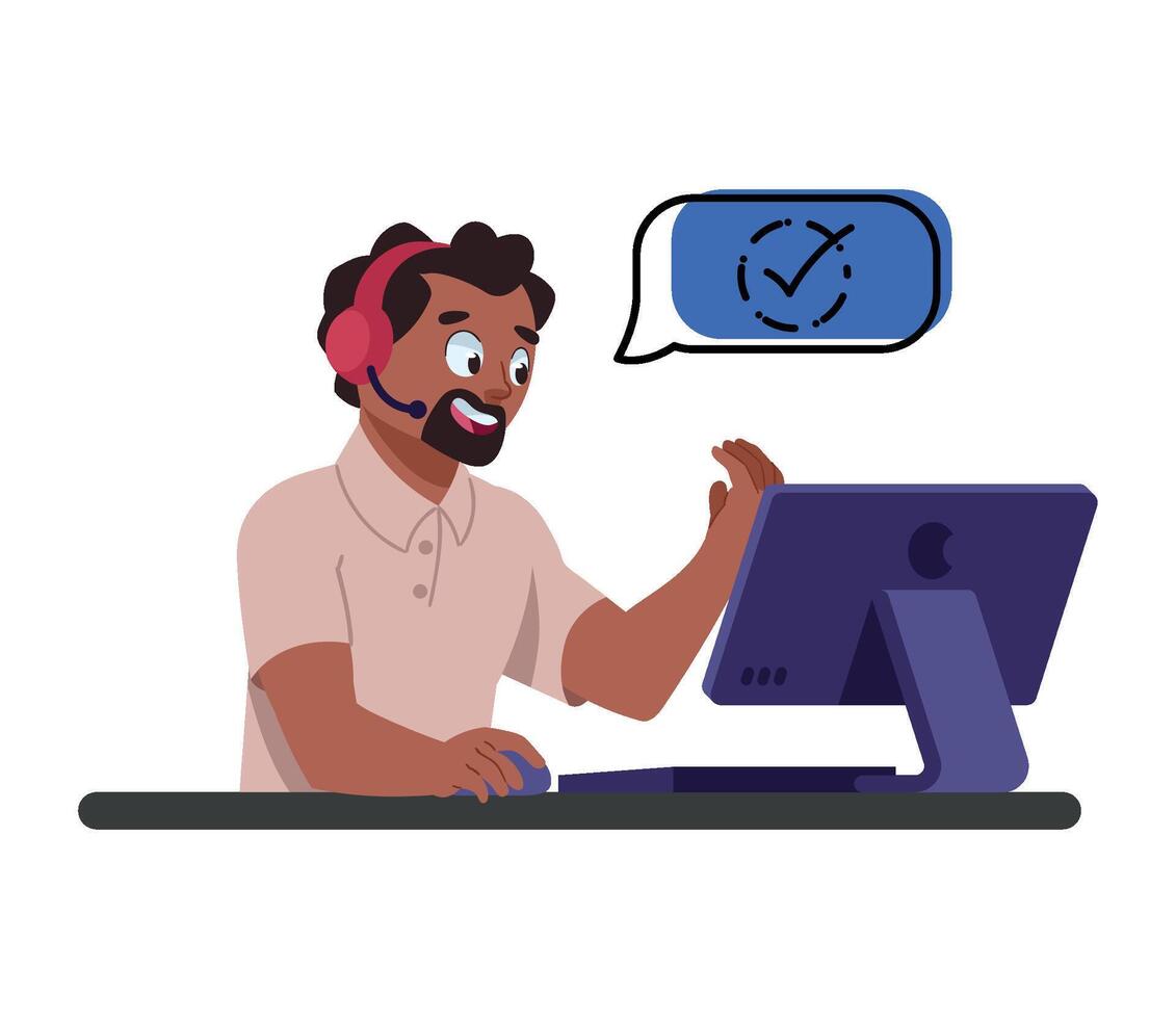 A man is sitting at a computer with a headset on vector
