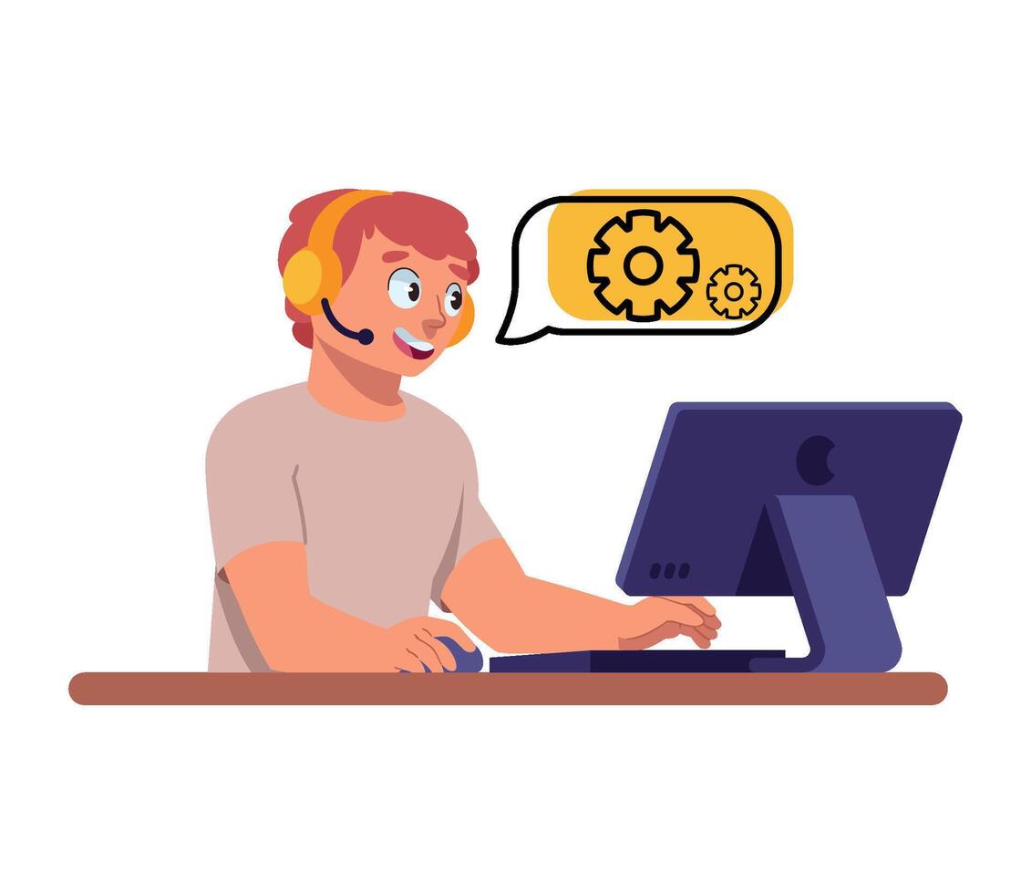 A man in a headset is working on a computer vector