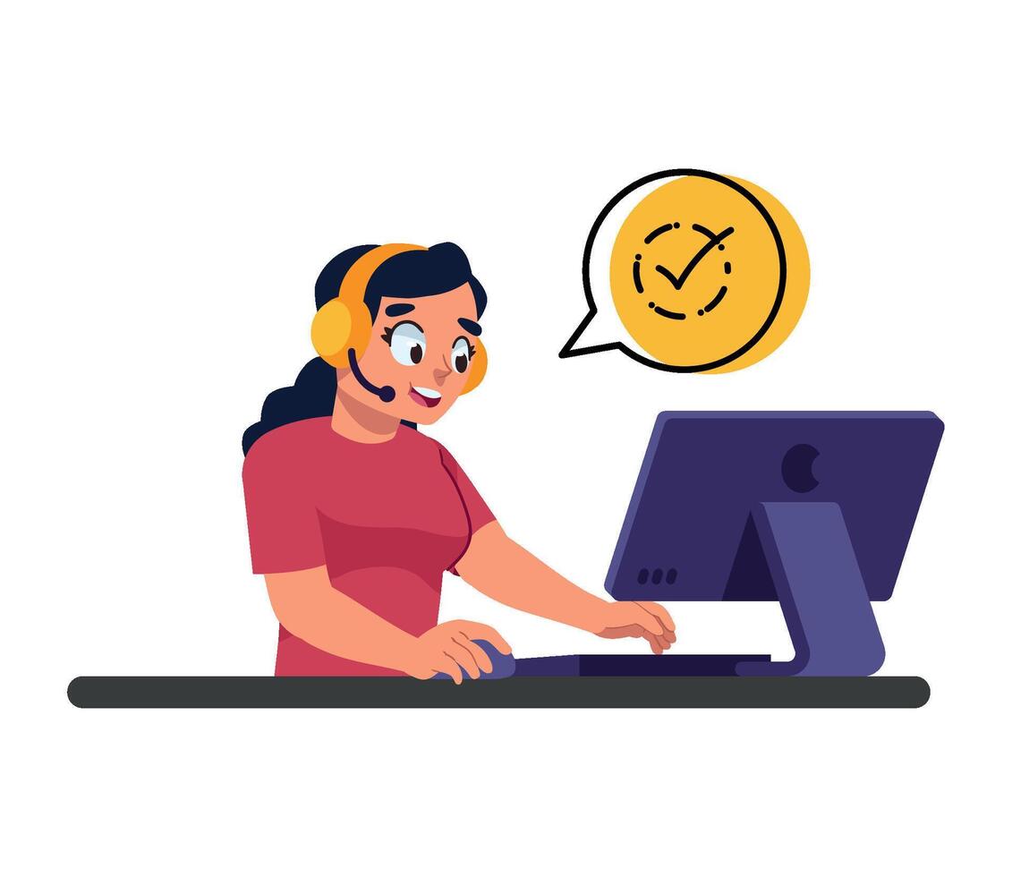 A woman wearing headphones is working on a computer vector