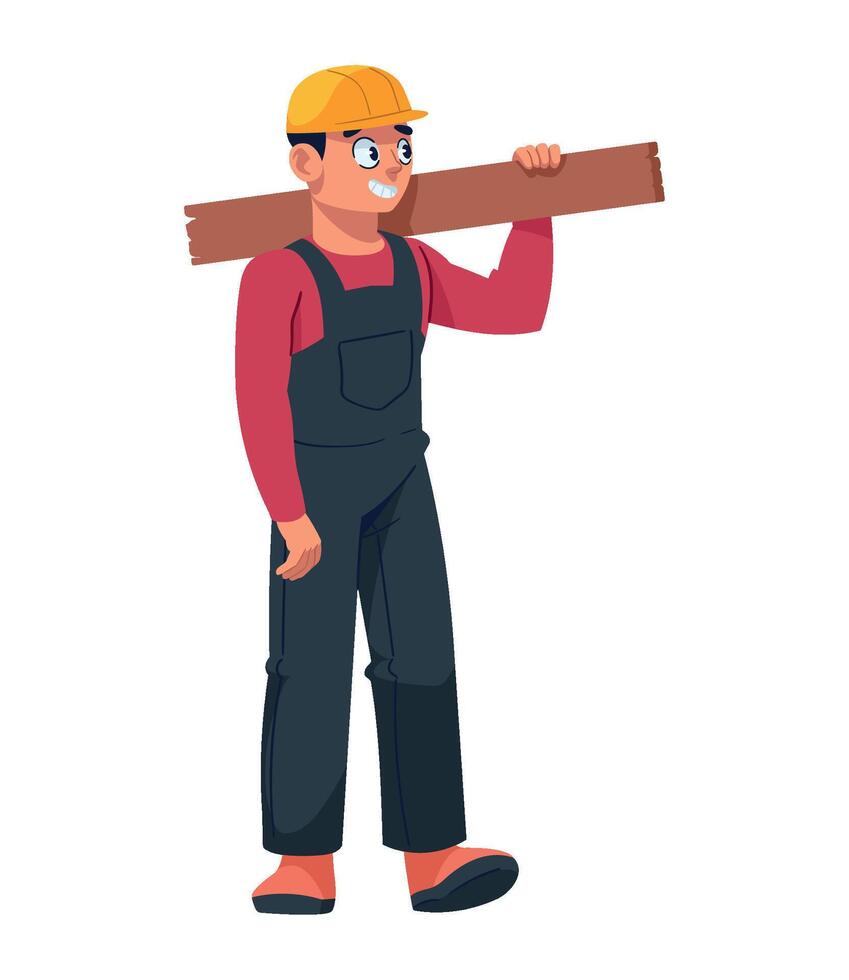 A man in overalls carrying a wooden plank vector