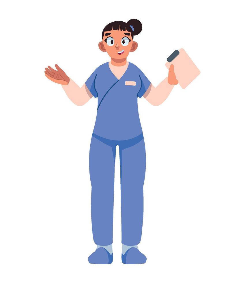 A cartoon woman in scrubs holding a clipboard vector