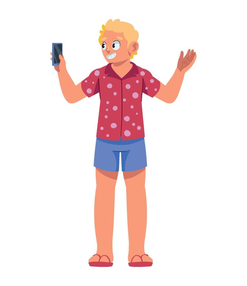 A cartoon man in shorts and a shirt holding a cell phone vector