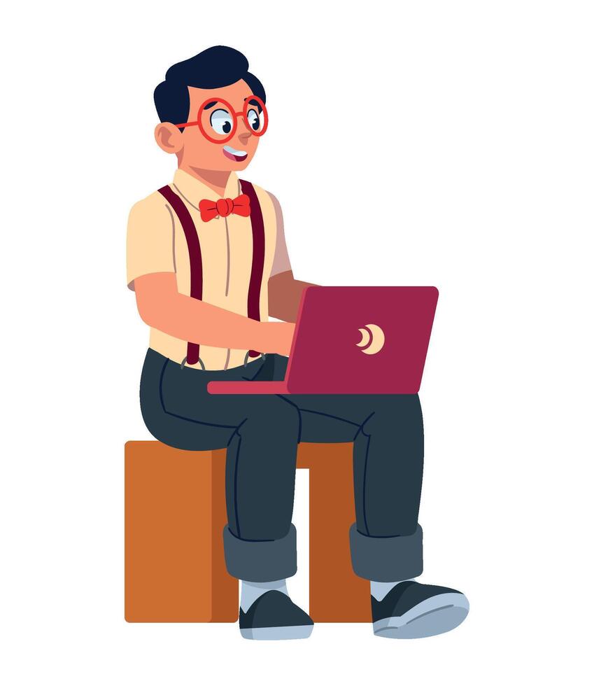 A man wearing glasses and a bow tie is sitting on a wooden box vector