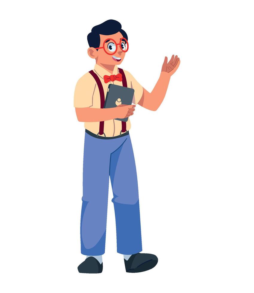 A man in glasses and a bow tie is holding a tablet vector