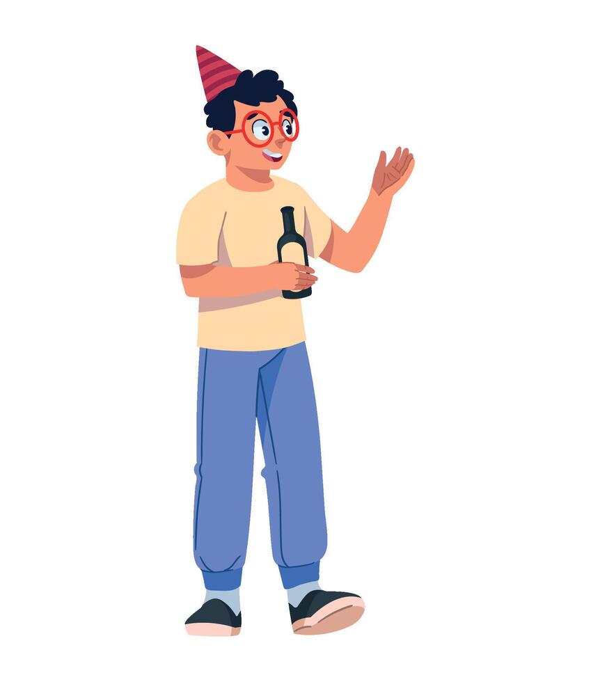 A man with glasses and a party hat is holding a bottle of wine vector