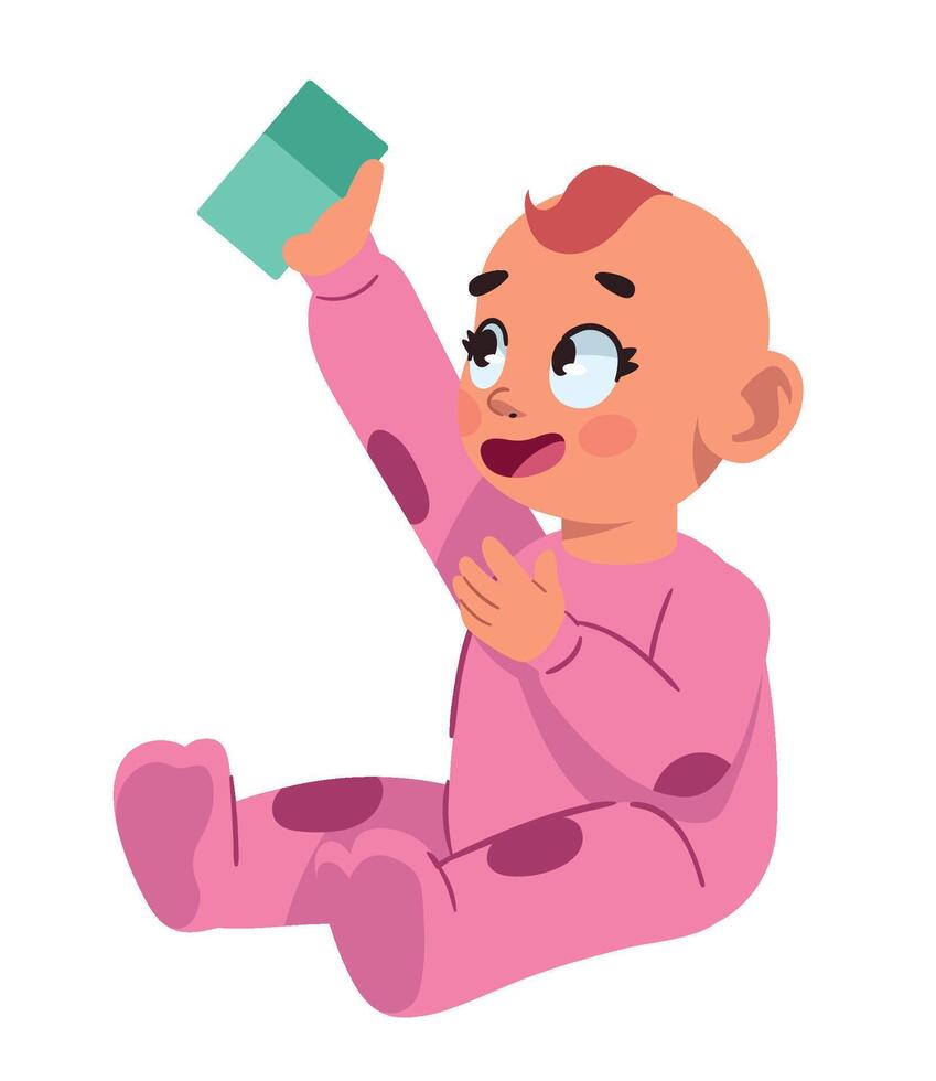 A baby in pink pajamas holding a book vector