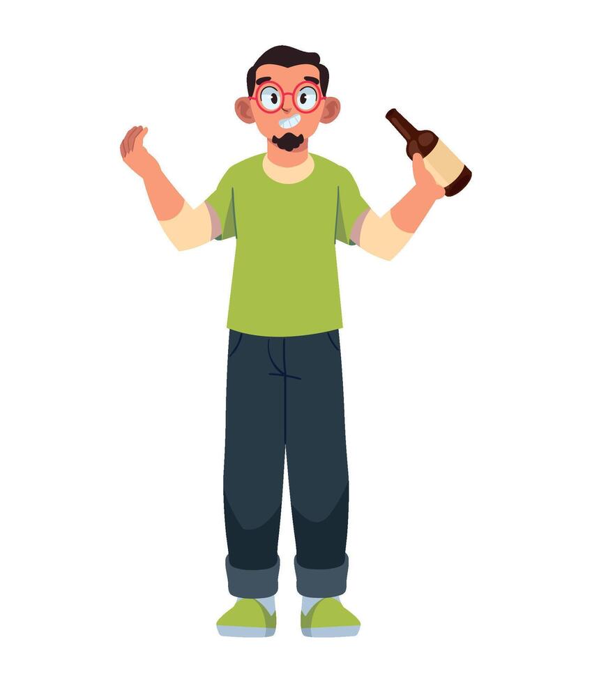 A man holding a beer bottle and a bottle of beer vector